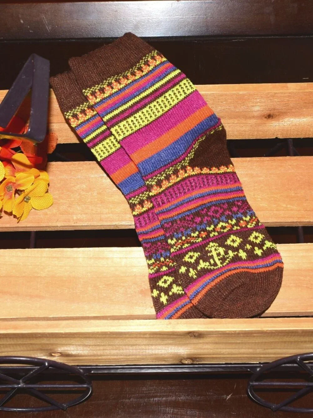 Zoanne Anchor Womens Fair Isle Pattern Socks in Brown Gift Packaged